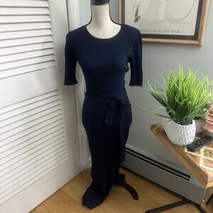 Loft Dress Womens Medium Navy Blue Ribbed Knit Maxi Belted Minimalist Chic